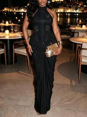 Black Elegant Women's Sequin Halter Neck Maxi Dress